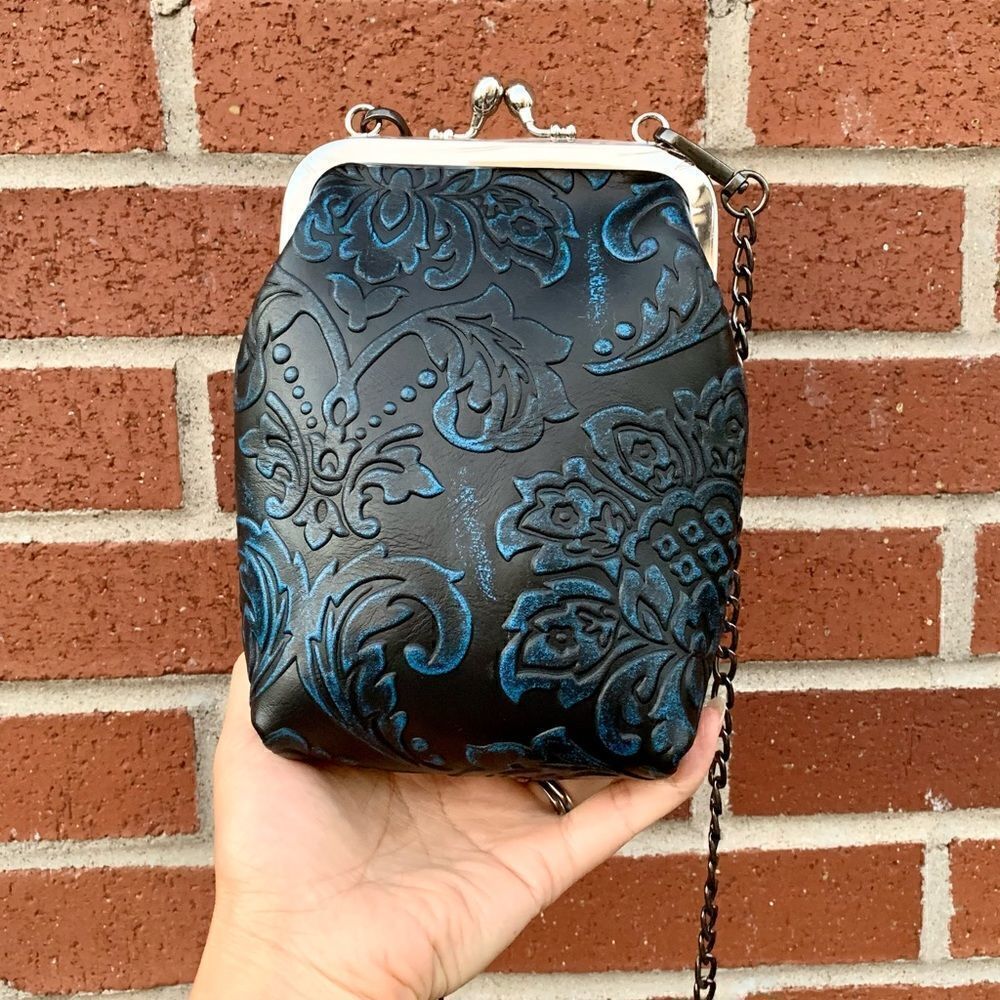 Vintage Style Handmade Genuine Embossed Leather Purse/ Phone case/Crossbody